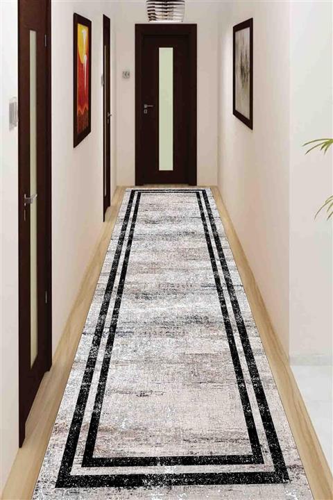 SUNTEKS HOME Dijital Baskı Kaymaz Taban Lacivert Eskitme Çerçeve Yolluk Halı