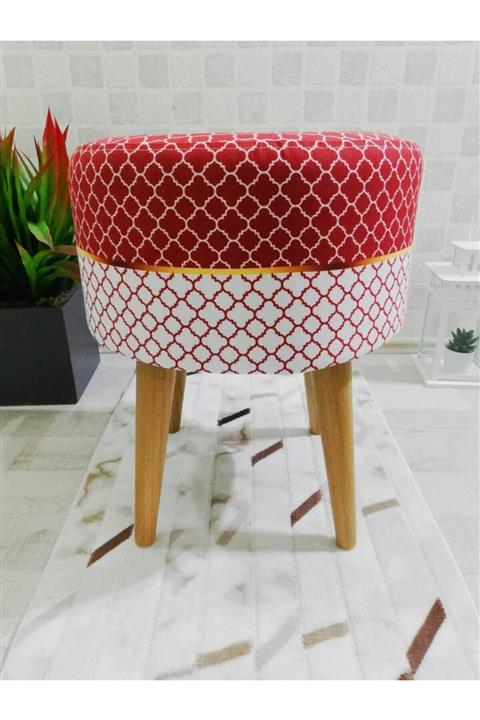 PufyHome Fiona Özel Tasarım-kırmızı Beyaz Gürgen Ayaklı Dekoratif Rahat Puf Sandalye Koltuk