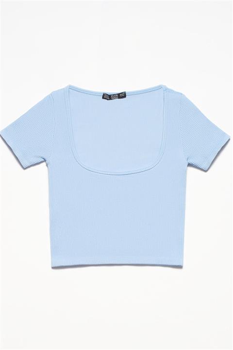 Dilvin U Yaka Kısa Kol Crop Top Mavi Renk 01137