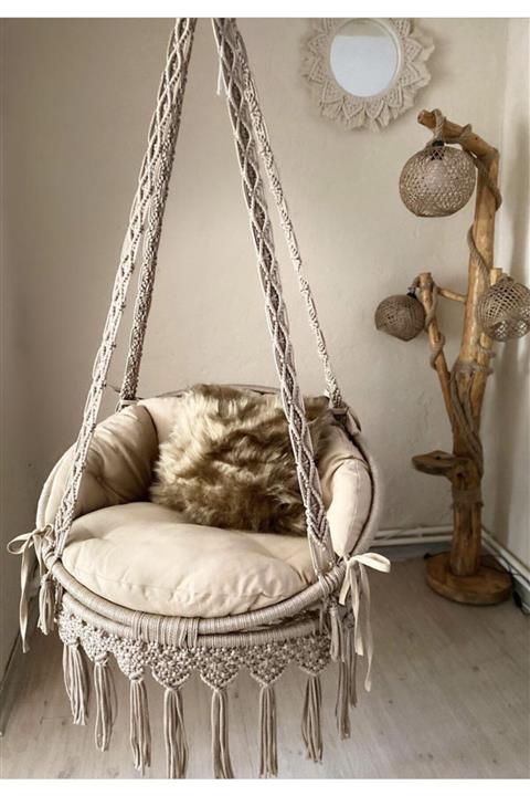 Turuncu Tasarım Makrome Hamak Salıncak Bej Renk