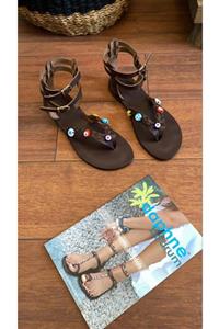 DaphneSandals El Yapımı Hakiki Deri Kahve Nazar Boncuklu Bodrum Sandaleti - 4049