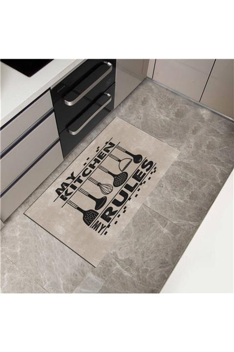dessan home Mutfak Araç Gereçli Yazılı My Kıtchen My Rules Dijital Baskılı Kaymaz Taban Mutfak Paspası