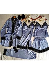 ladys blue Saten Gecelik Takım 5 Li Set