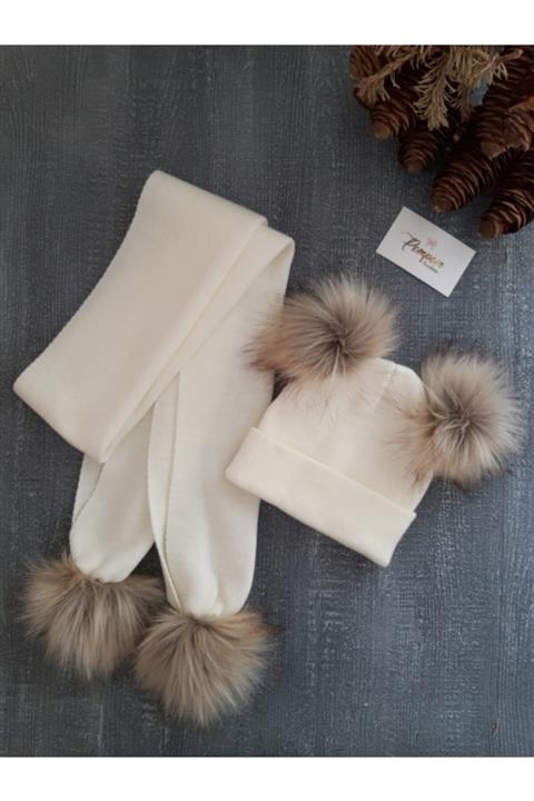 pempem bandana Kız Bebek Naturel Ponponlu Atkı Bere Set
