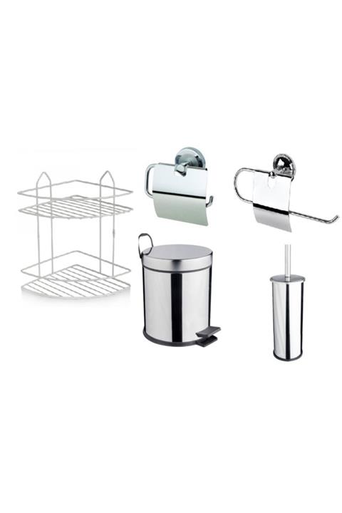 RENKYAPI Evlilik Paketi 5lt Çöp Kovası + 2 Katlı Raf + Havluluk + Kağıtlık + Fırça 5 Takım Banyo Takımı