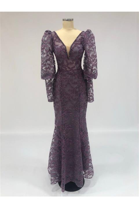 Niobe Kadın Kolları Fırfırlı Dantelli Balık Abiye