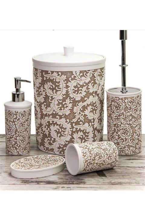 TİLA HOME Kahverengi Çınar Desenli Polyester 5 Parça Banyo Takımı
