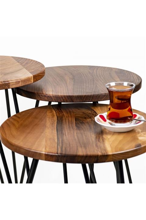 Gugar WooD Ahşap Zigon Üçlü Sehpa- Ceviz Üçlü Zigon Sehpa - Metal&ahşap Zigon Sehpa