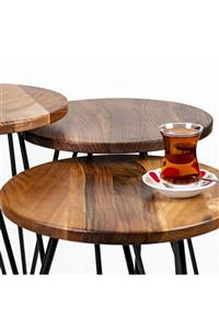 Gugar WooD Ahşap Zigon Üçlü Sehpa- Ceviz Üçlü Zigon Sehpa - Metal&ahşap Zigon Sehpa