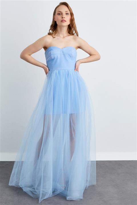 adL Kadın Mavi Straplez Tül Uzun Elbise