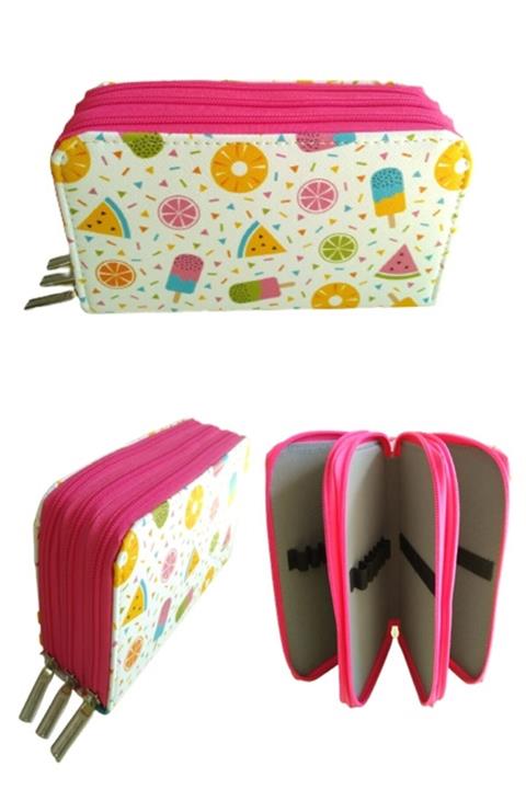 Cappi Yaz Meyveli Dondurma Desenli Üç Gözlü Kalem Kutusu (kalemlik)