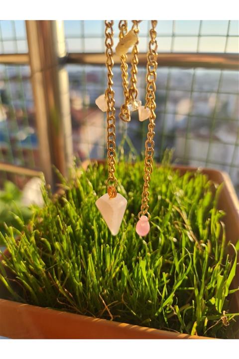 MİPSVİBE AKSESUAR Pembe Kuvars Sarkaç Pandül Özel Tasarım Doğal Taş