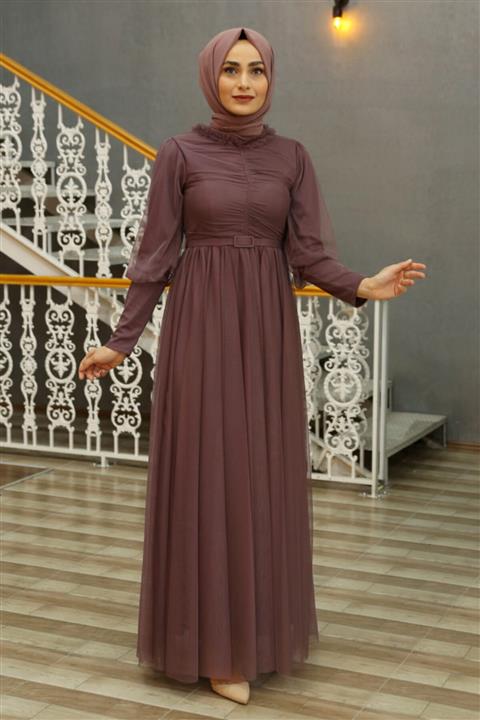 Feiza Collection Tüllü Tesettür Abiye Elbise Mor