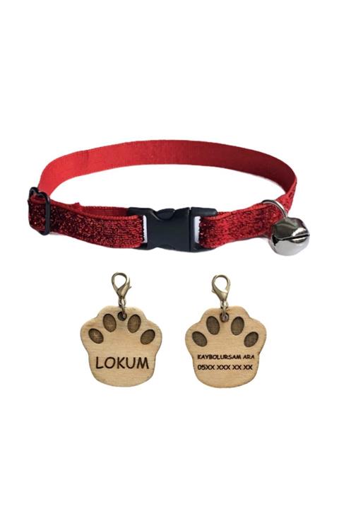 Pet Nest Pati Model Ahşap Kedi Köpek Künyesi Ayarlanabilir Tasmalı Kırmızı