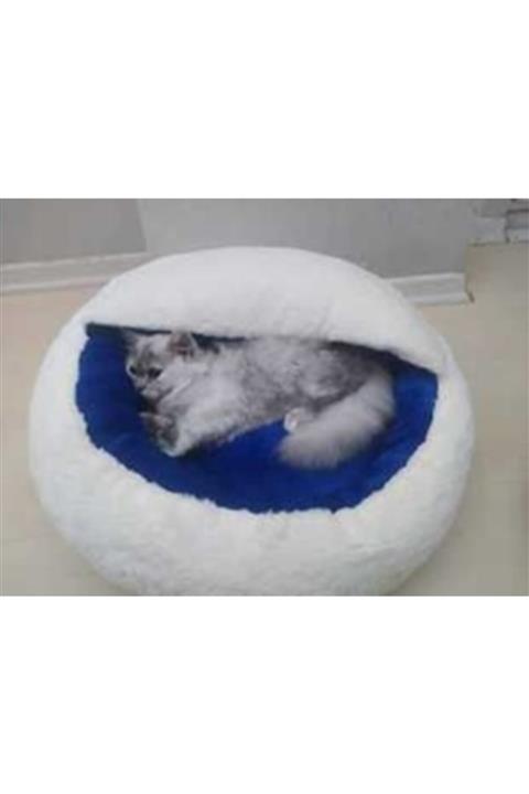 BE ACTİVE Afrodit Kedi Köpek Yuvarlak Yatak Peluş Kedi Sıcak Yatak Tüylü Kedi Köpek Evi Beyaz Mavi Renk