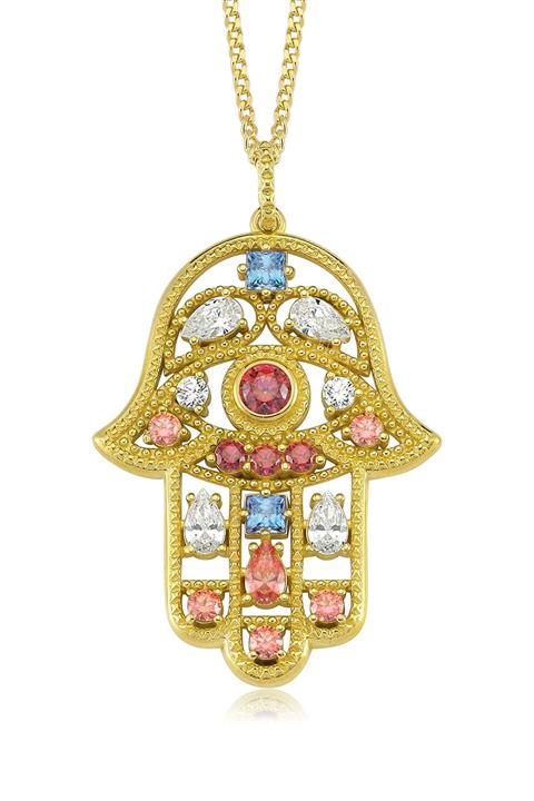 Valori Jewels Kozmik Fatma Ana Eli, Zirkon Renkli Taşlı, Altın Rengi Gümüş Kolye