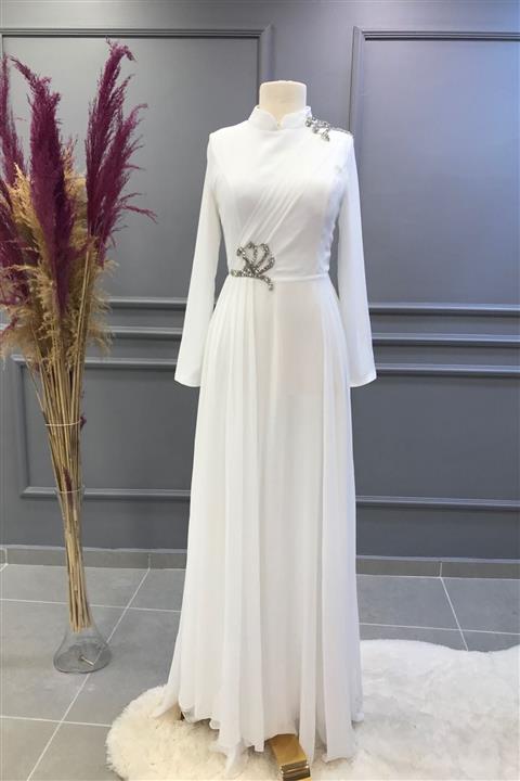 Ebrar Store Çapraz Tül Geçişli Abiye Beyaz