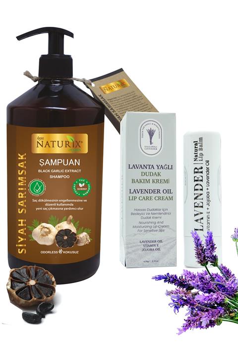 Ilgaz Naturix Organix Tuzsuz Siyah Sarımsak Şampuanı 600ml Saç Dökülme Önleyici Şampuan Lavanta Yağlı Dudak Bakım Kremi