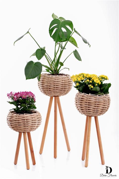 Derin Flowers El Yapımı Rattan Bambu Hasır Ipli Ahşap Ayaklı Dekoratif Aksesuar