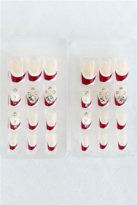 TAKIŞTIR 24 Lü Kırmızı Desenli Taşlı Kendinden Yapışkanlı Takma Tırnak