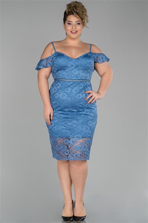 Abiyefon Indigo Kısa Omuz Dekolteli Güpür Detaylı Büyük Beden Abiye Elbise Abk890