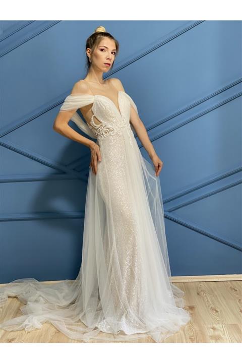 AzraKotan Tül Detaylı Tasarım Beyaz Gelinlik Abiye