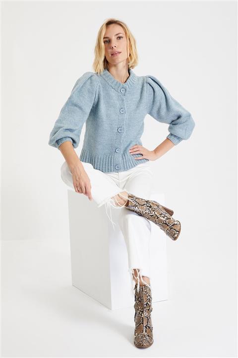 TRENDYOLMİLLA Açık Mavi Balon Kollu Triko Hırka TWOAW22HI0499