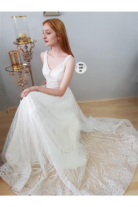 FERGAN Kadın Beyaz Taş Işleme Tasarım Abiye Elbise