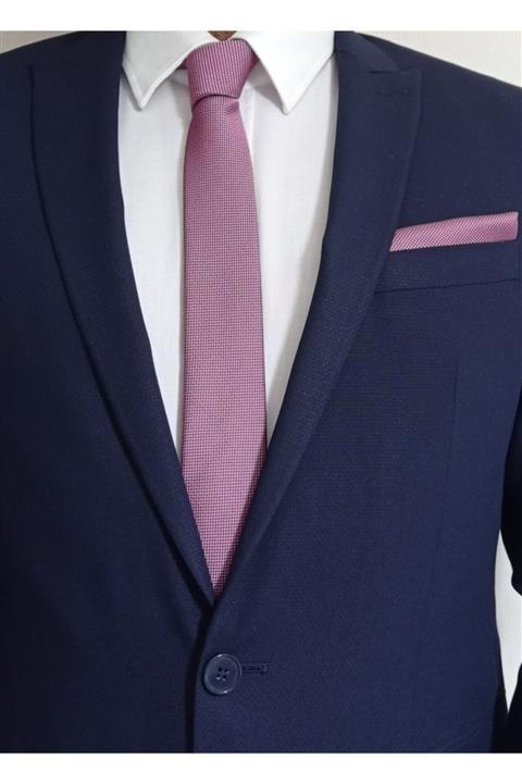 PERFECT HARMONY Erkek Koyu Pembe Armür Desenli Ince Kravat Mendil Seti