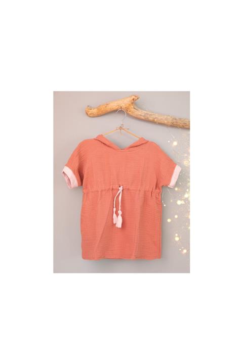 Mamanne Collection Unisex Çocuk Turuncu 4 Katlı Müslin Kapüşonlu Panço