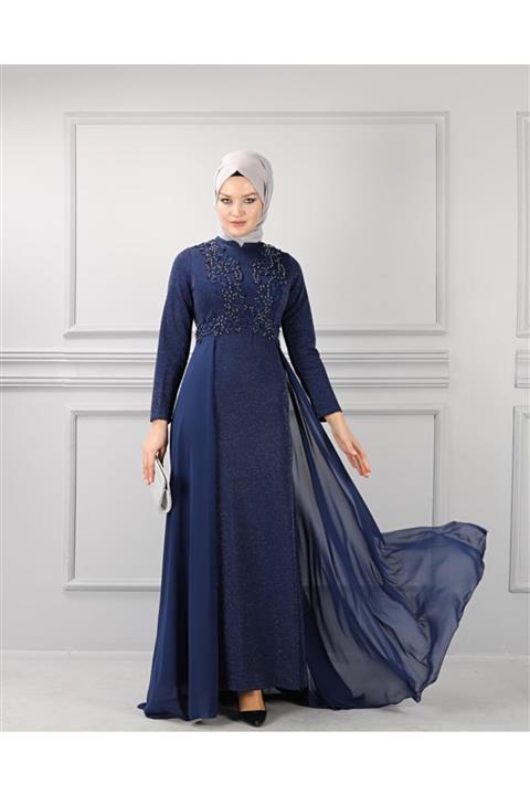 Modamihram Kadın İndigo Dantelli Simli Tesettür Elbise
