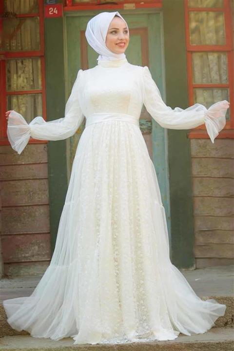 Hennin Kadın  Ekru Belden Bağlama Detaylı Piliseli Tül Abiye