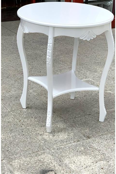 BENGİ TİCARET Bengi Yan Sehpa El Oyması Ahşap Beyaz