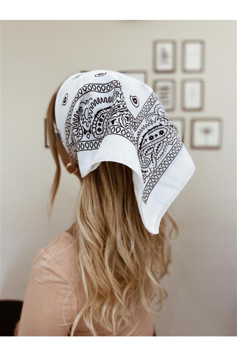 Femine Unisex Beyaz  Etnik Desenli Pamuk Bandana