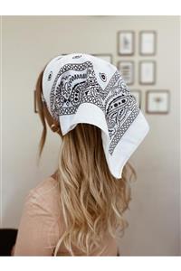 Femine Unisex Beyaz  Etnik Desenli Pamuk Bandana