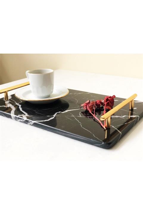 Modestmar Doğal Siyah Mermer Tepsi Gold Daire Kulp 20x30