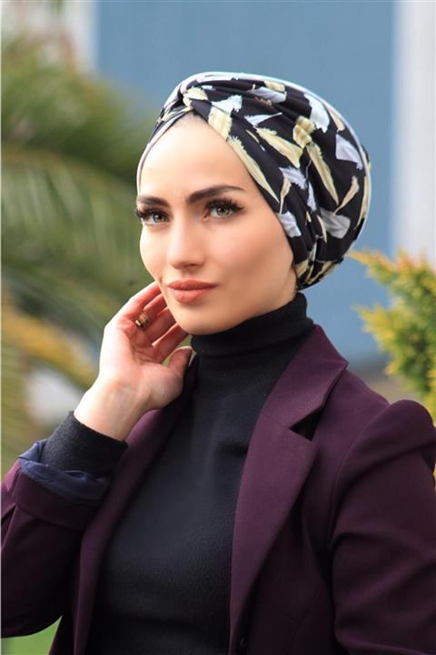 Sahra Şal Dünyası Desenli Dolama Bone Kuş Tüyü Desen (HAZIR MODEL)