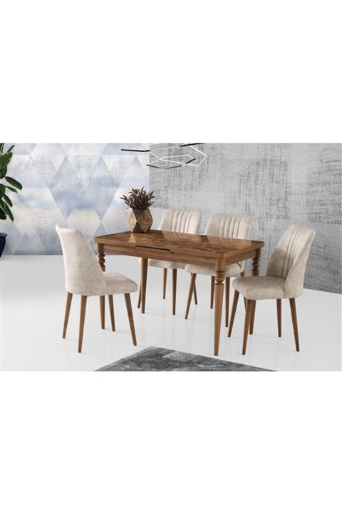 Evistro Ortadan Açılır Ahşap Salon Yemek Masası Ceviz 4 Krem Sandalye Takım