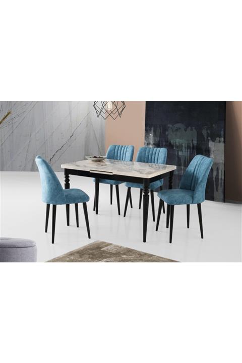 Evistro Ortadan Açılır Ahşap Salon Yemek Masası Mermer Desen + 4 Turkuaz Sandalye Takım