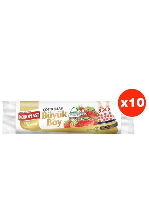 Koroplast Ekstra Güçlü Çilek Büzgülü Büyük Boy 10lu Çöp Torbası X 10 Paket (65*70 Cm)