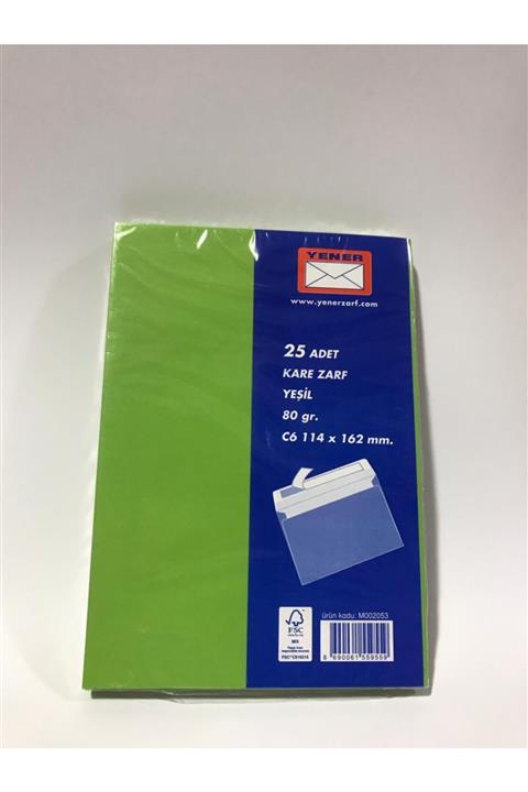 Yener Renkli Zarf 114 X 162 Ebatlarında Yeşil Renk 80 Gr 25 Adet