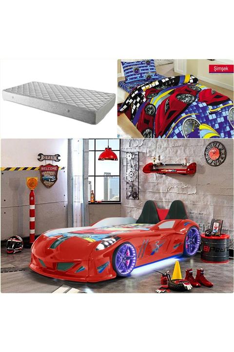 Setay Jaguar Arabalı Yatak Full Ledli Koltuklu Kırmızı Ortopedik Yatak Nevresim