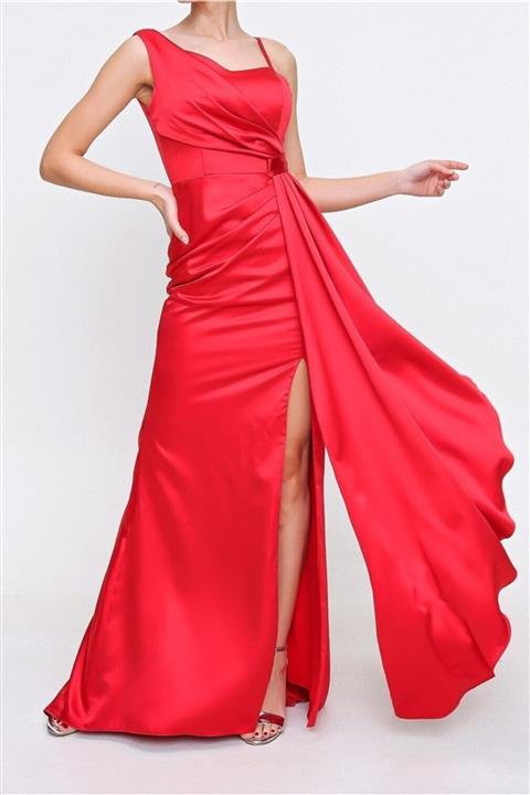 ZEROPOINT Kadın Kırmızı Saten Abiye Elbise