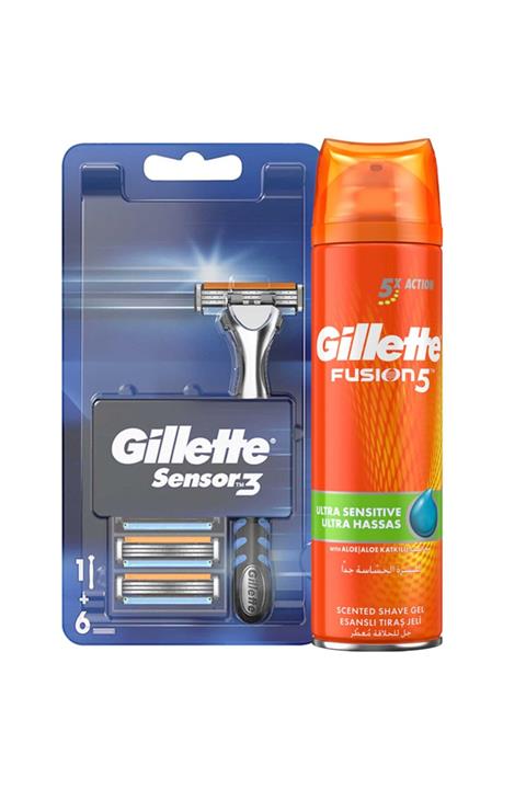 Gillette Sensor3 Tıraş Makinesi + Yedek Tıraş Bıçağı 6'lı Ultra Hassas Tıraş Jeli 200ml
