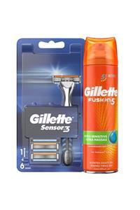 Gillette Sensor3 Tıraş Makinesi + Yedek Tıraş Bıçağı 6'lı Ultra Hassas Tıraş Jeli 200ml