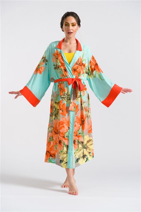 HOELO Turkuaz Çiçekli Uzun Kimono