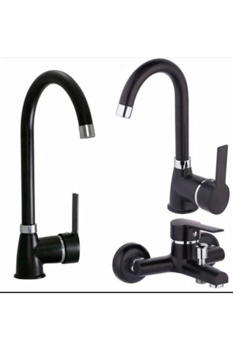 Hsa Mat Siyah Mutfak Eviye Bataryası Lavabo Çeşmesi Banyo Bataryası Takımı