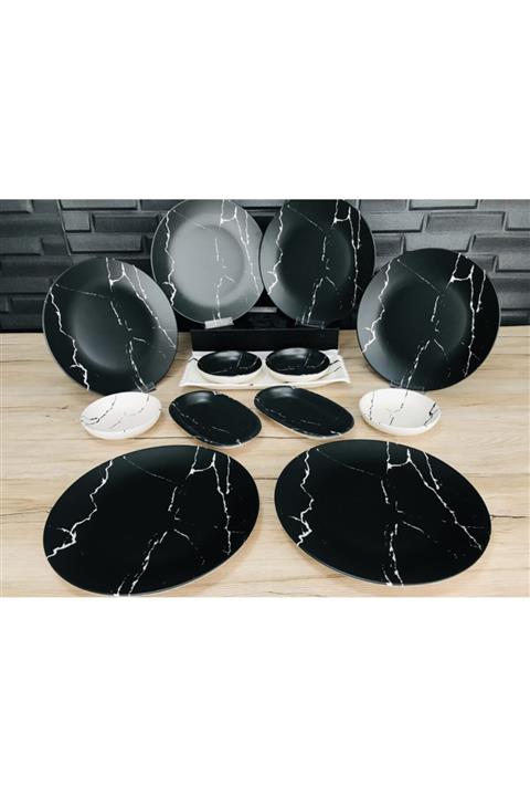 Keramika Mat Siyah Mermer Desen Kahvaltı Takımı 6 Kişilik 13 Parça