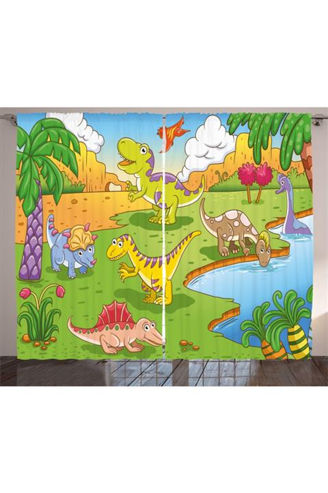Orange Venue Çocuklar Için Perde Sevimli Dinozorlar Desenli