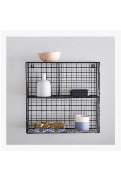 GO DEKOR Metal Kare 3 Gözlü Tel Kafes Go Duvar Rafı - Siyah